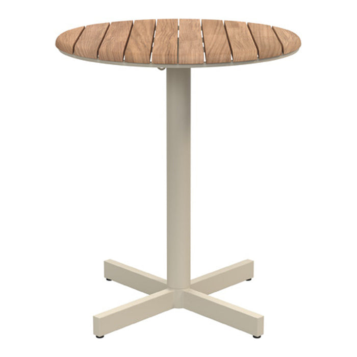 Round wooden tabletop with pale beige metal base, featuring a slatted design in warm brown tones.