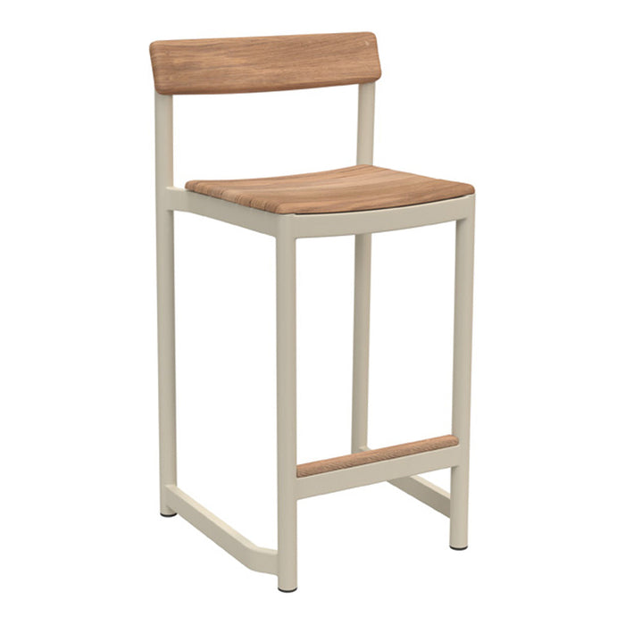 Beige metal bar stool with warm wood seat and backrest, featuring a minimalist design and smooth finishes.