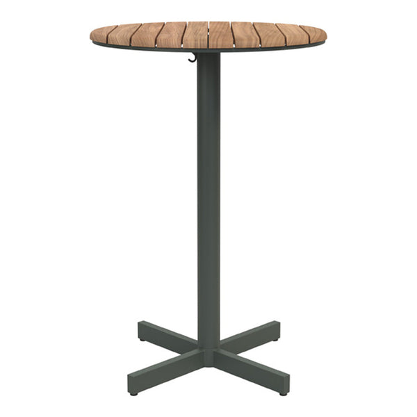Round wooden bar table with a natural wood finish and a dark green metal base. Ideal for outdoor use.