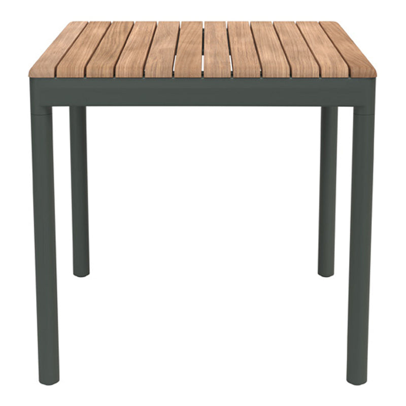 Wooden slatted top in natural tones with a sleek dark green metal frame. Perfect for modern outdoor spaces.
