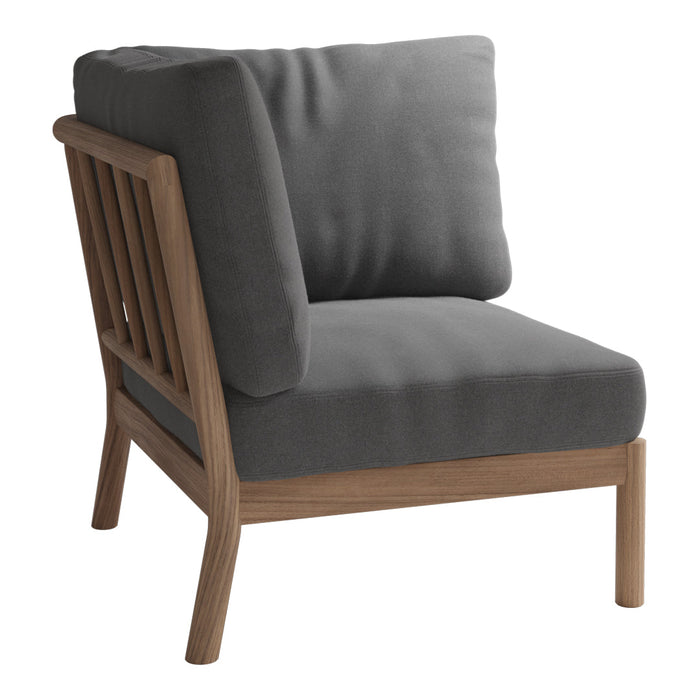 Gray upholstered chair with a wooden frame, featuring a modern, minimalist design and clean lines. Ideal for contemporary decor.