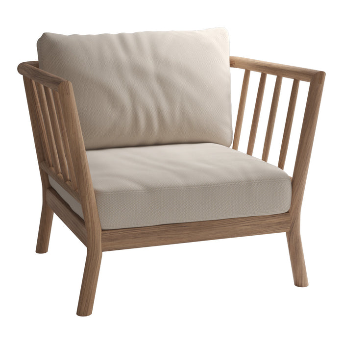 Light beige cushion with a natural wood frame, featuring a clean, minimalistic design and vertical slat pattern.