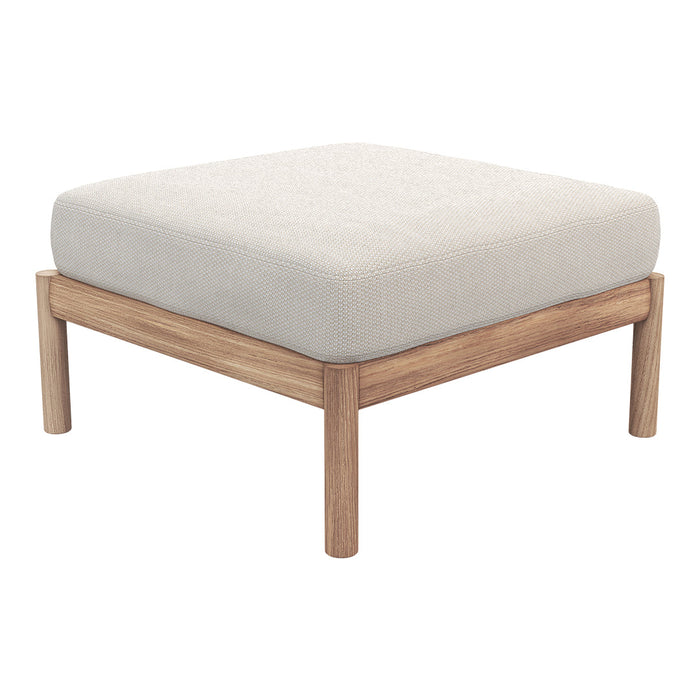 Stylish square ottoman with a soft beige cushion and natural wood legs, perfect for modern decor.