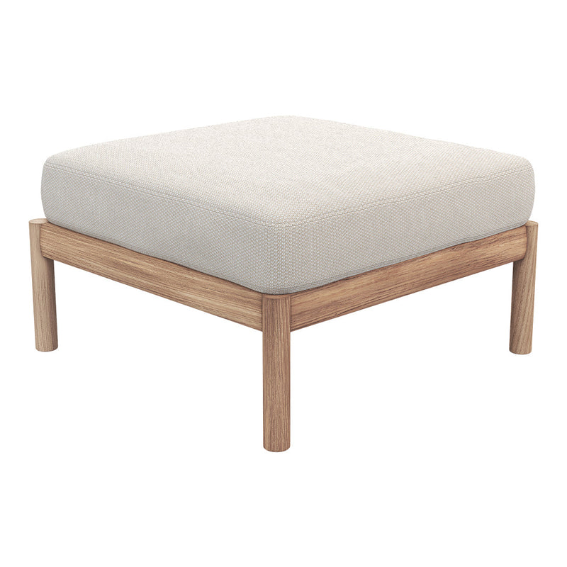 Stylish square ottoman with a soft beige cushion and natural wood legs, perfect for modern decor.