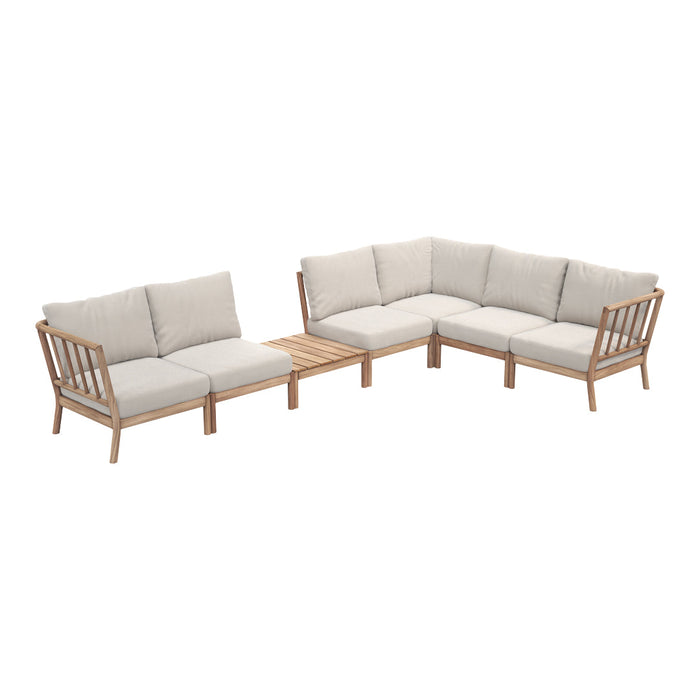 Beige fabric cushions with a natural wood frame in a modern sectional sofa design. Stylish and versatile for outdoor use.