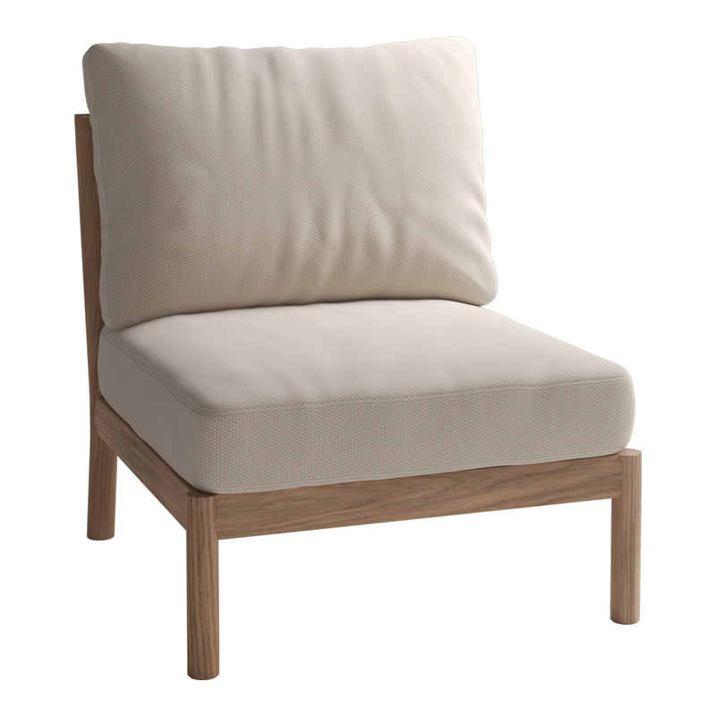 Light beige cushioned chair with a natural wood frame, minimalist design, perfect for neutral decor.