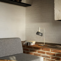Gray sofa in a room with a brick wall and a lamp on a wooden shelf.