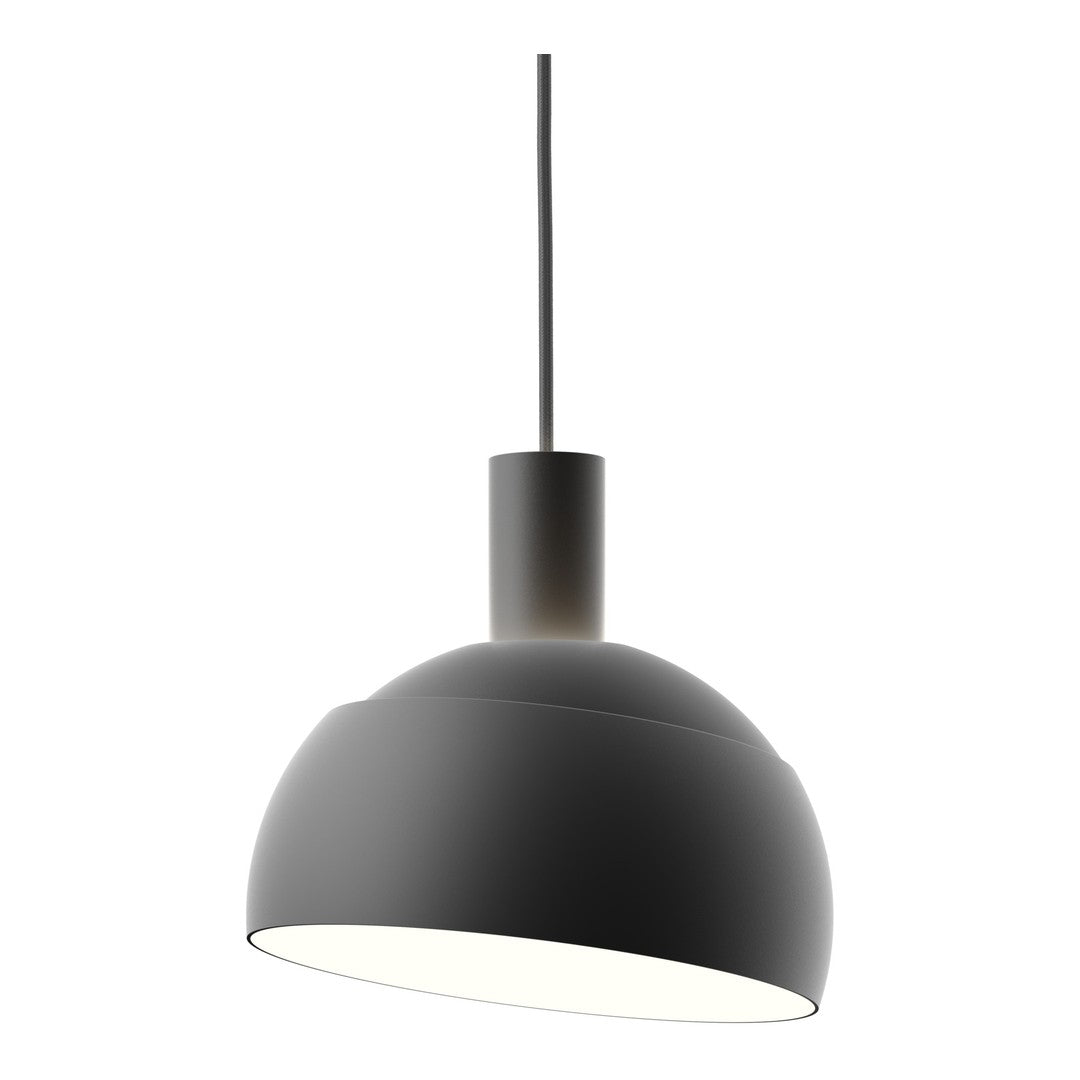 Modern pendant light with a black shade on a white background