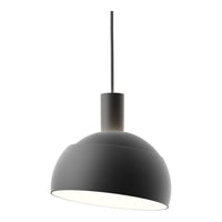 Modern pendant light with a black shade on a white background