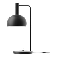 Black table lamp with curved arm on a white background