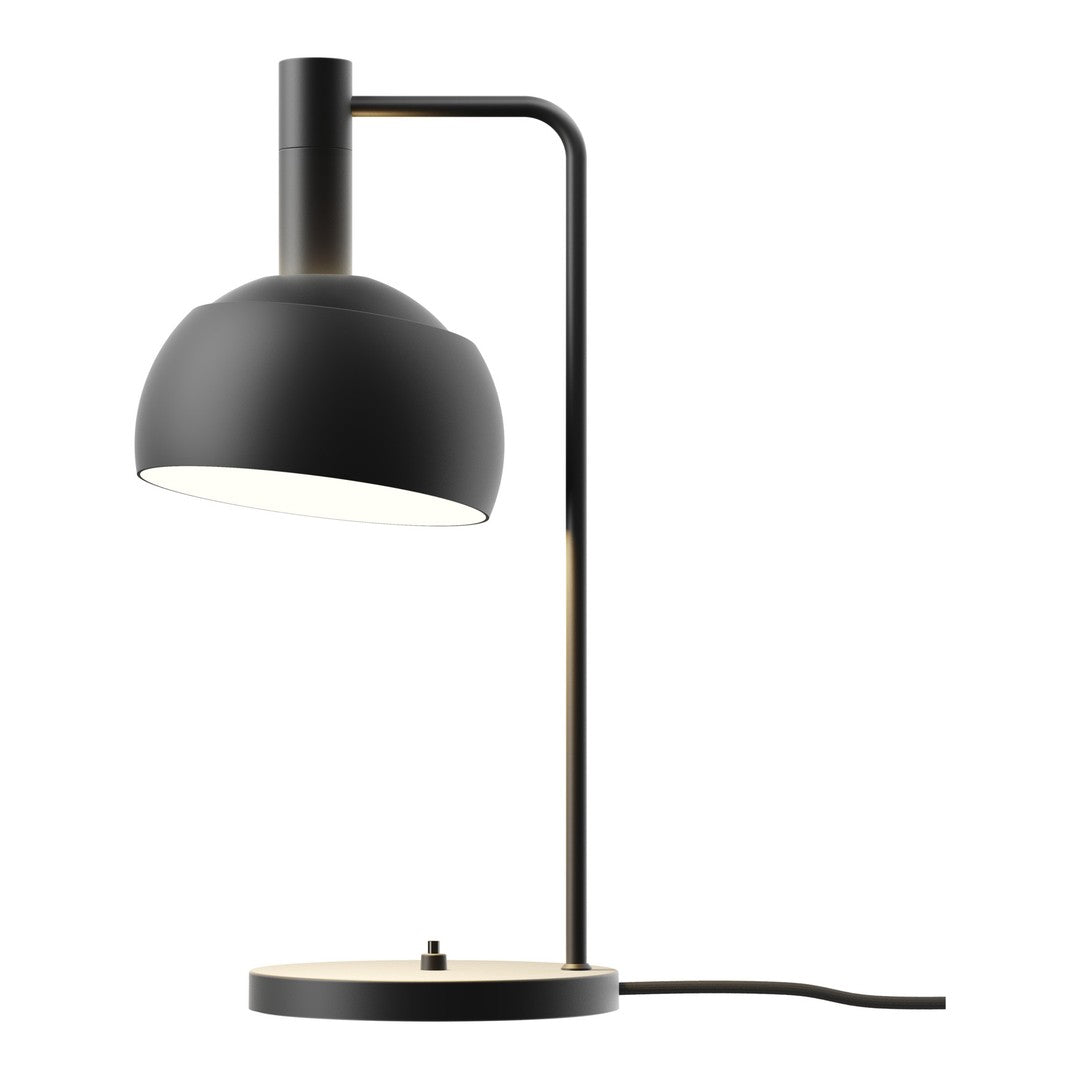 Modern black table lamp with adjustable arm on a white background