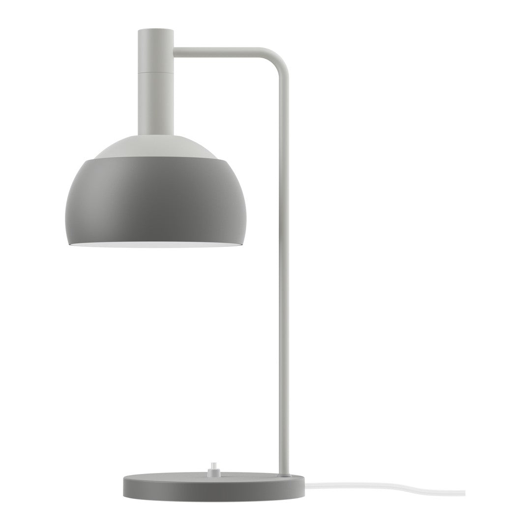Gray table lamp with a curved arm on a white background