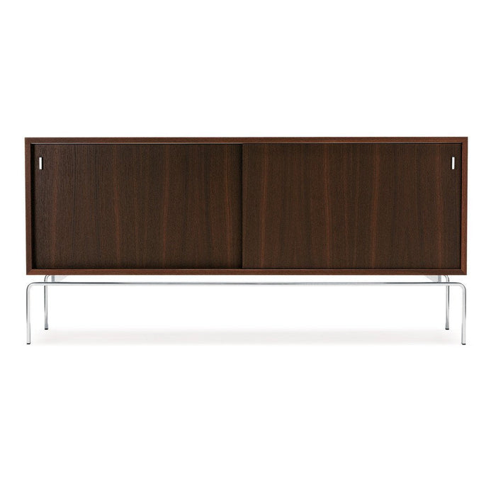 Wooden storage cabinet in rich brown with smooth, sleek surface and modern chrome legs. Ideal for contemporary decor.