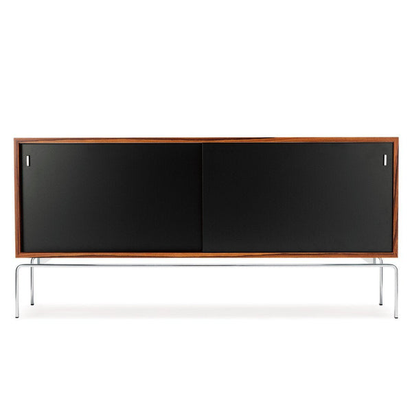 Mid-century modern cabinet in rich brown wood with sleek black doors and minimalist chrome legs, perfect for stylish storage.