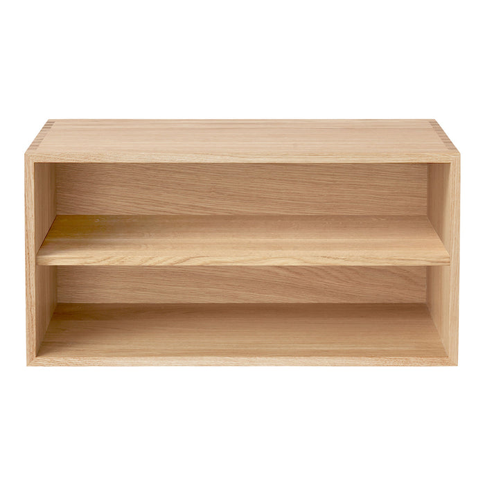 Light natural wood shelf with a smooth finish and clean lines; minimalist design featuring two open shelves.