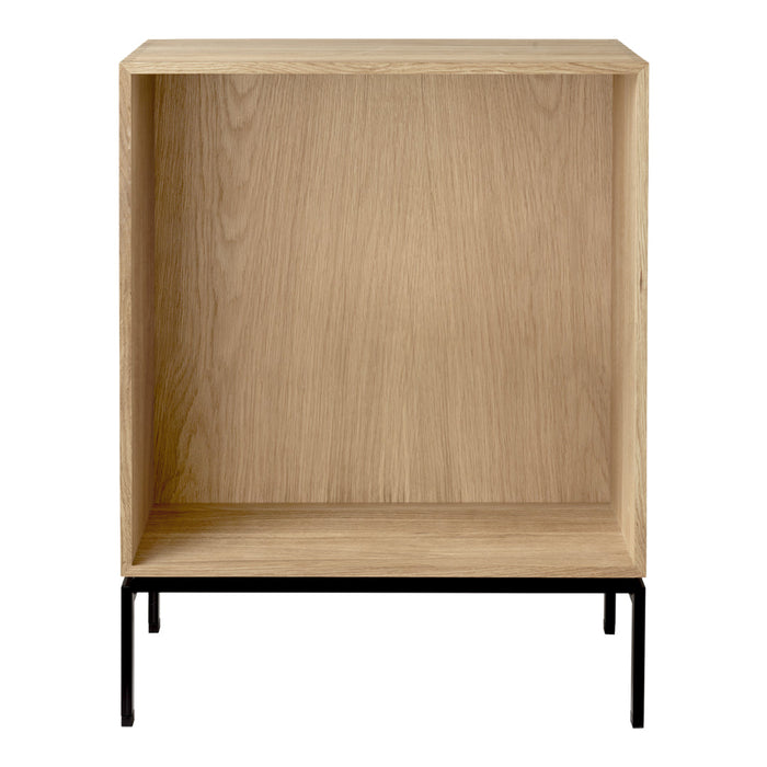 Light oak wooden shelf with a natural finish and black metal legs, featuring a clean, minimalist design.