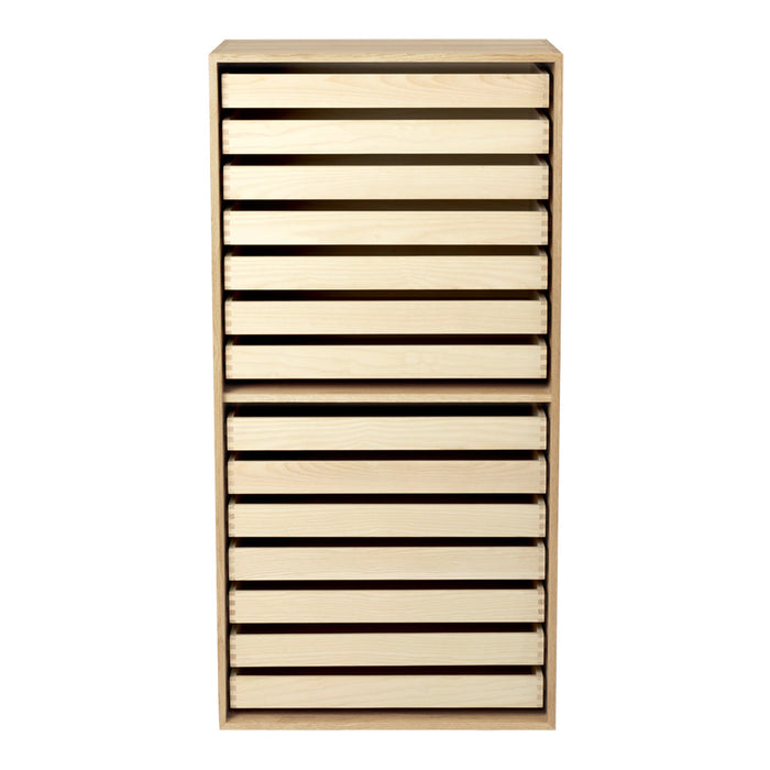 Light wood storage cabinet with smooth, horizontal lines and multiple rectangular drawers in a minimalist design.