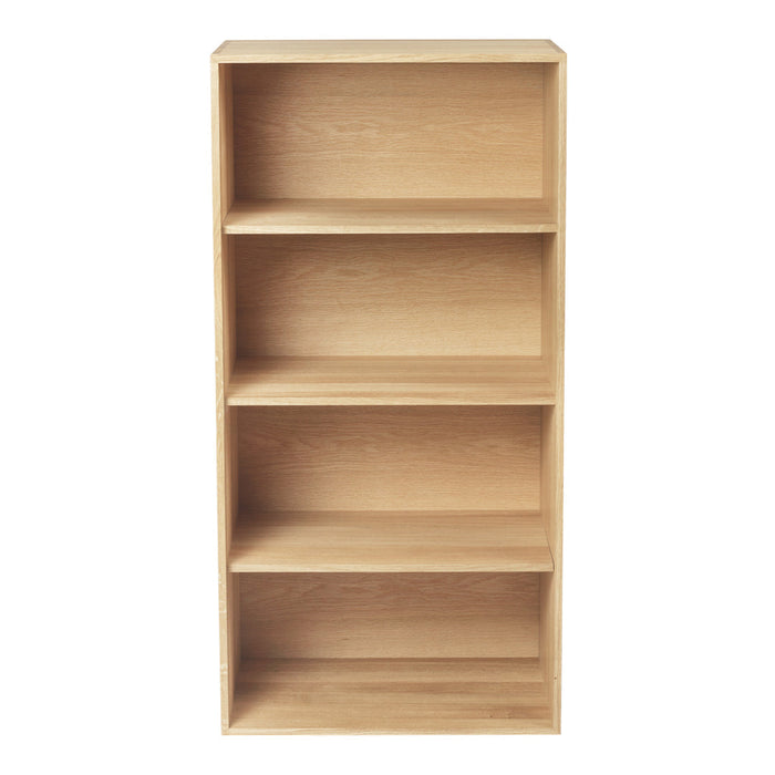 Light oak wood bookshelf with a smooth finish and four open shelves, featuring a minimalist design.