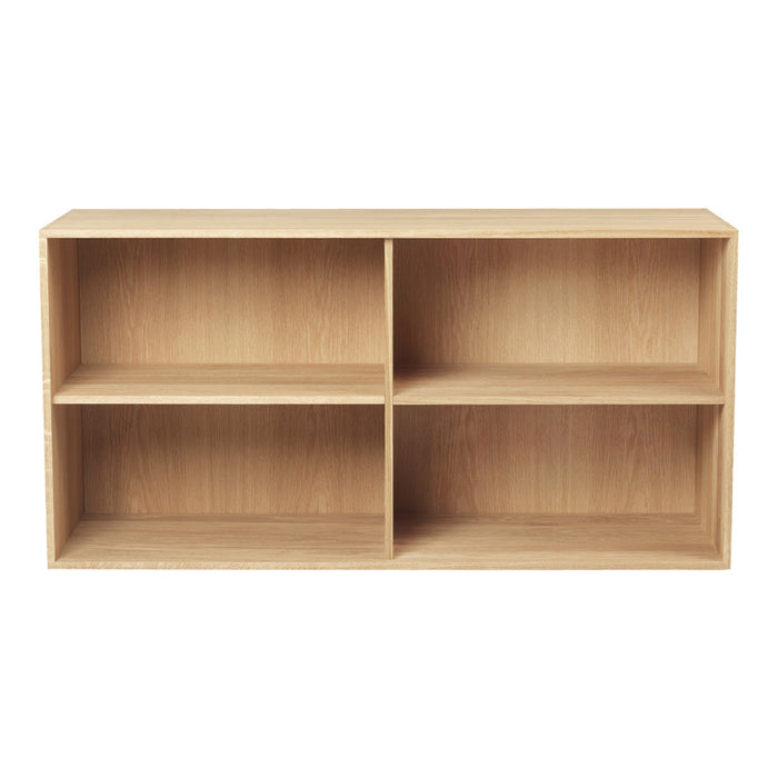 Light natural wood bookshelf with a minimalist design, featuring four open compartments and a smooth surface.