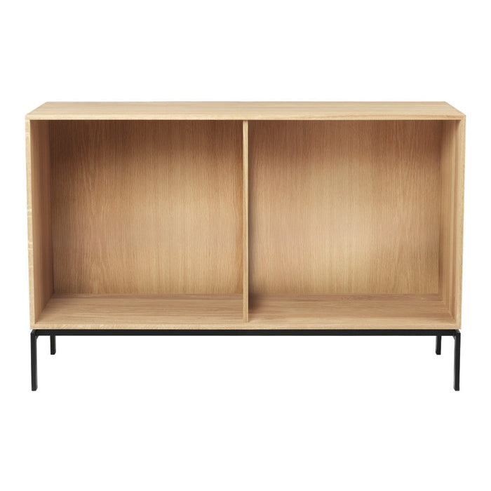 Natural wood grain storage unit with a light oak finish and sleek black metal legs, featuring a minimalist design.
