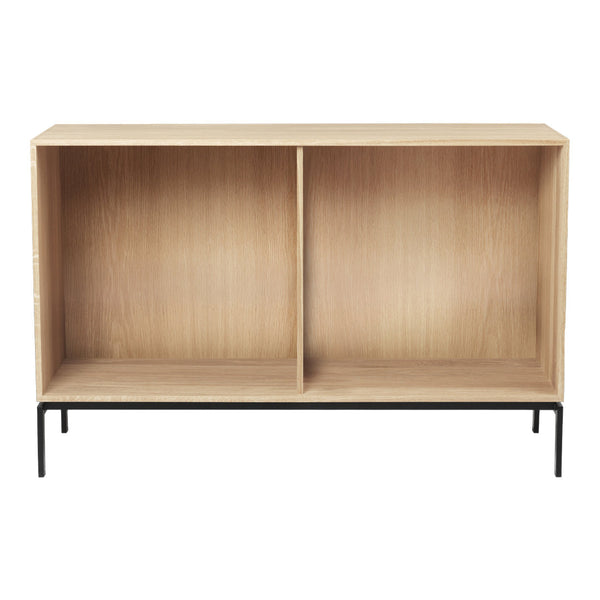 Light wood grain cabinet with minimalistic black metal legs, featuring two open compartments and a clean design.