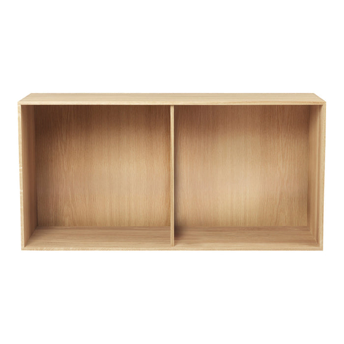 Natural wood storage shelf with a simple, minimalist design and smooth texture, featuring two open compartments.