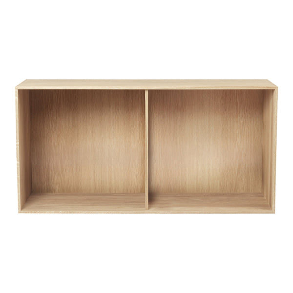 Natural wood bookshelf with a smooth finish, featuring two open compartments and a minimalist design.