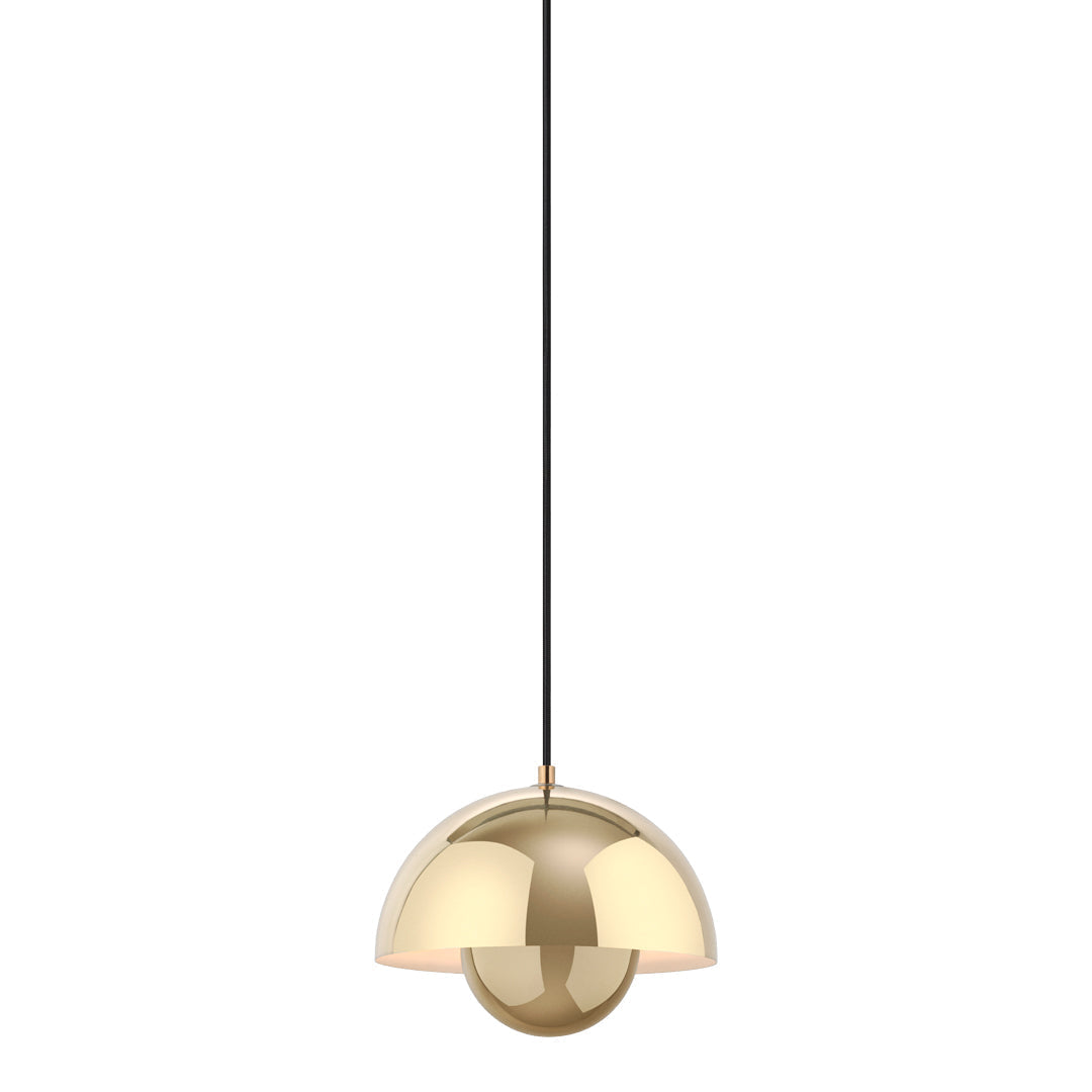 Gold pendant lamp with a smooth, glossy finish and a sleek black cord, perfect for modern decor.