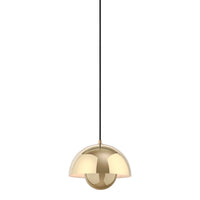 Gold pendant lamp with a smooth, glossy finish and a sleek black cord, perfect for modern decor.