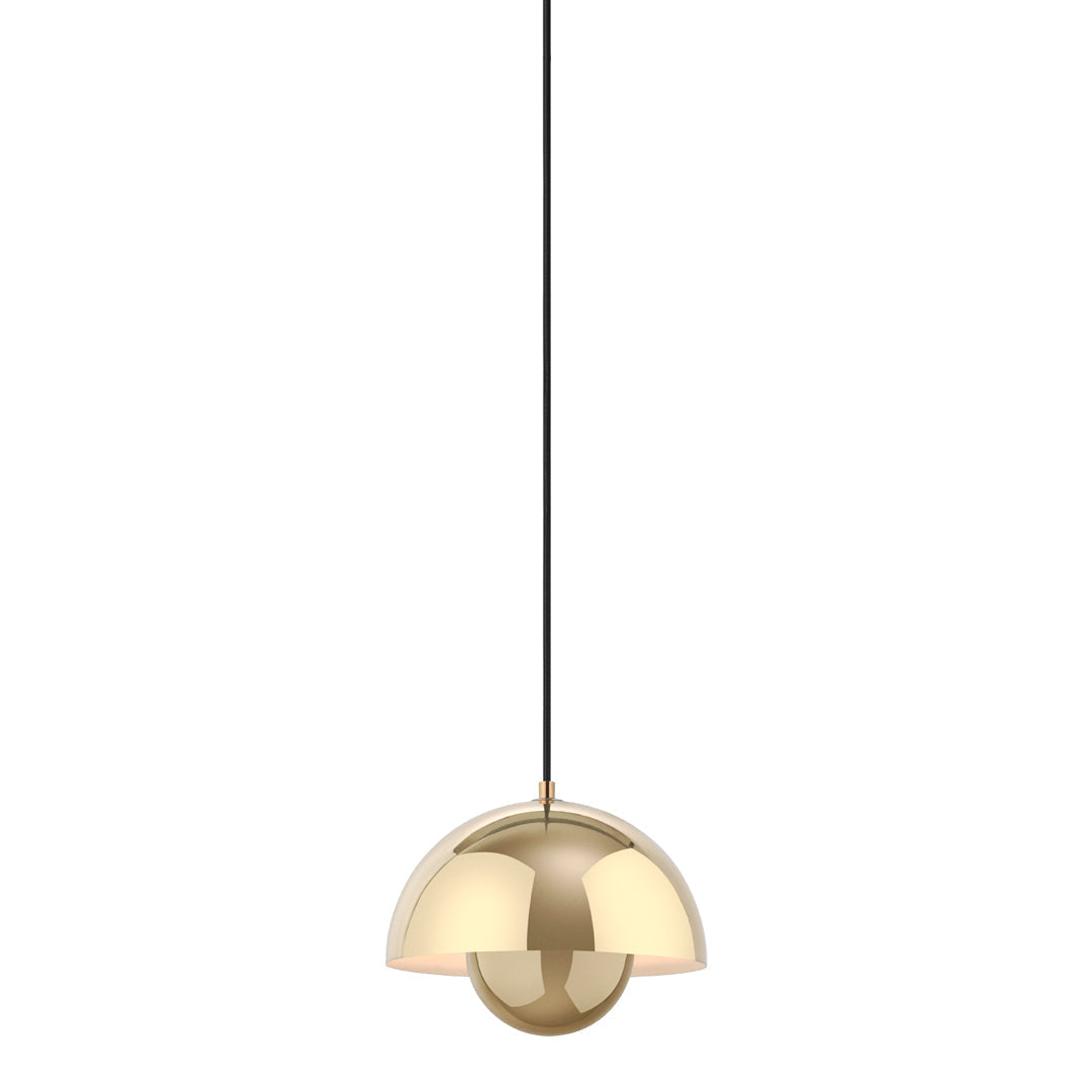 "Brushed gold pendant lamp with a sleek, modern design, featuring a black adjustable cord."