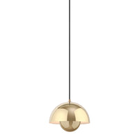 "Brushed gold pendant lamp with a sleek, modern design, featuring a black adjustable cord."