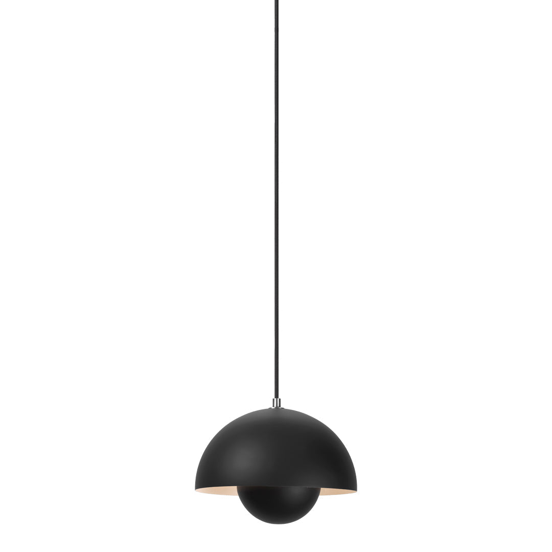 Black pendant lamp with a smooth matte finish and a rounded shade, featuring a warm interior. Minimalist design.