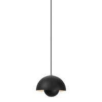 Black pendant lamp with a smooth matte finish and a rounded shade, featuring a warm interior. Minimalist design.