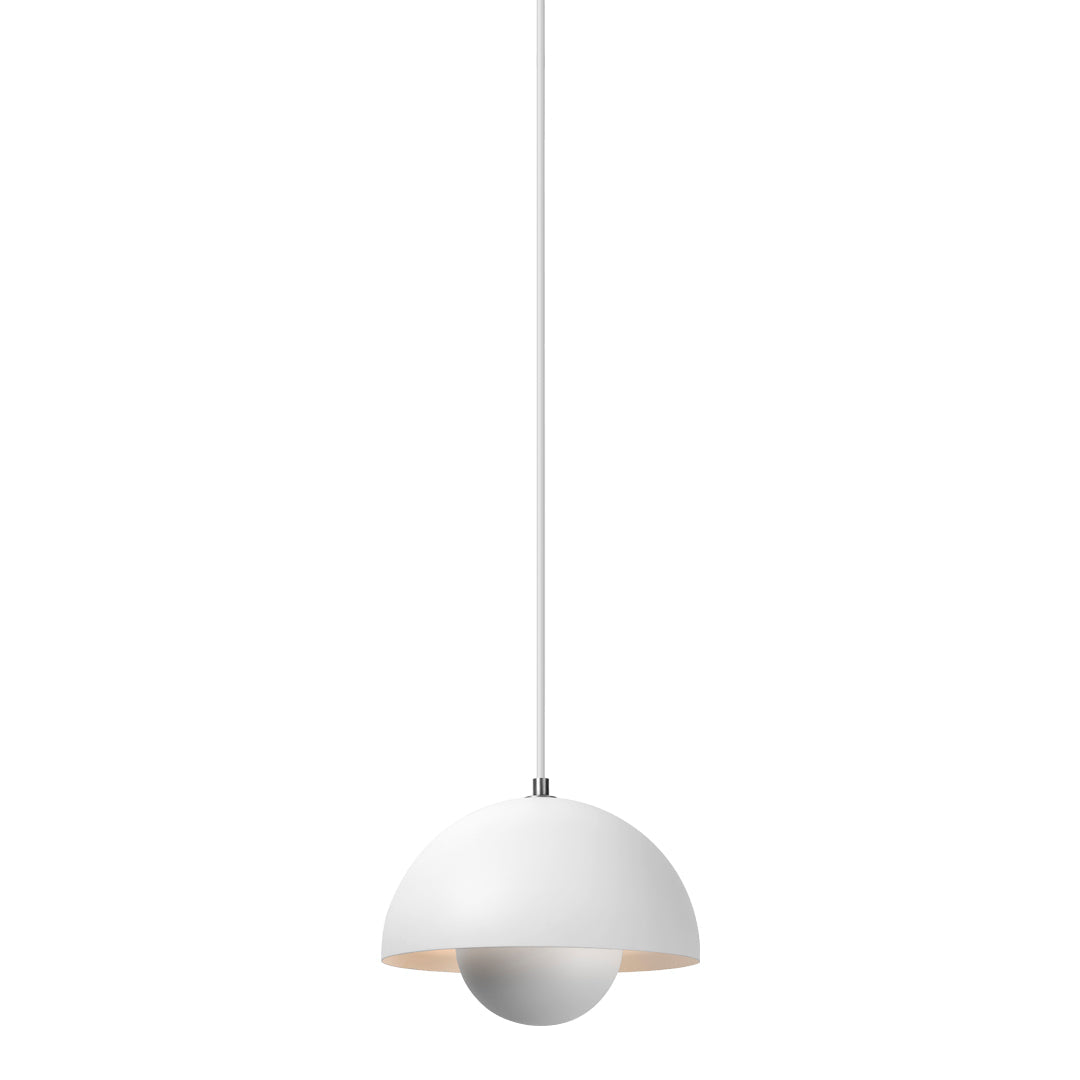 Minimalist white pendant lamp with a smooth dome shape and light wood accent, perfect for modern decor.