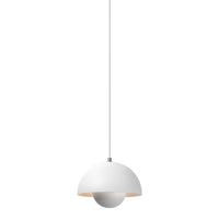 Minimalist white pendant lamp with a smooth dome shape and light wood accent, perfect for modern decor.