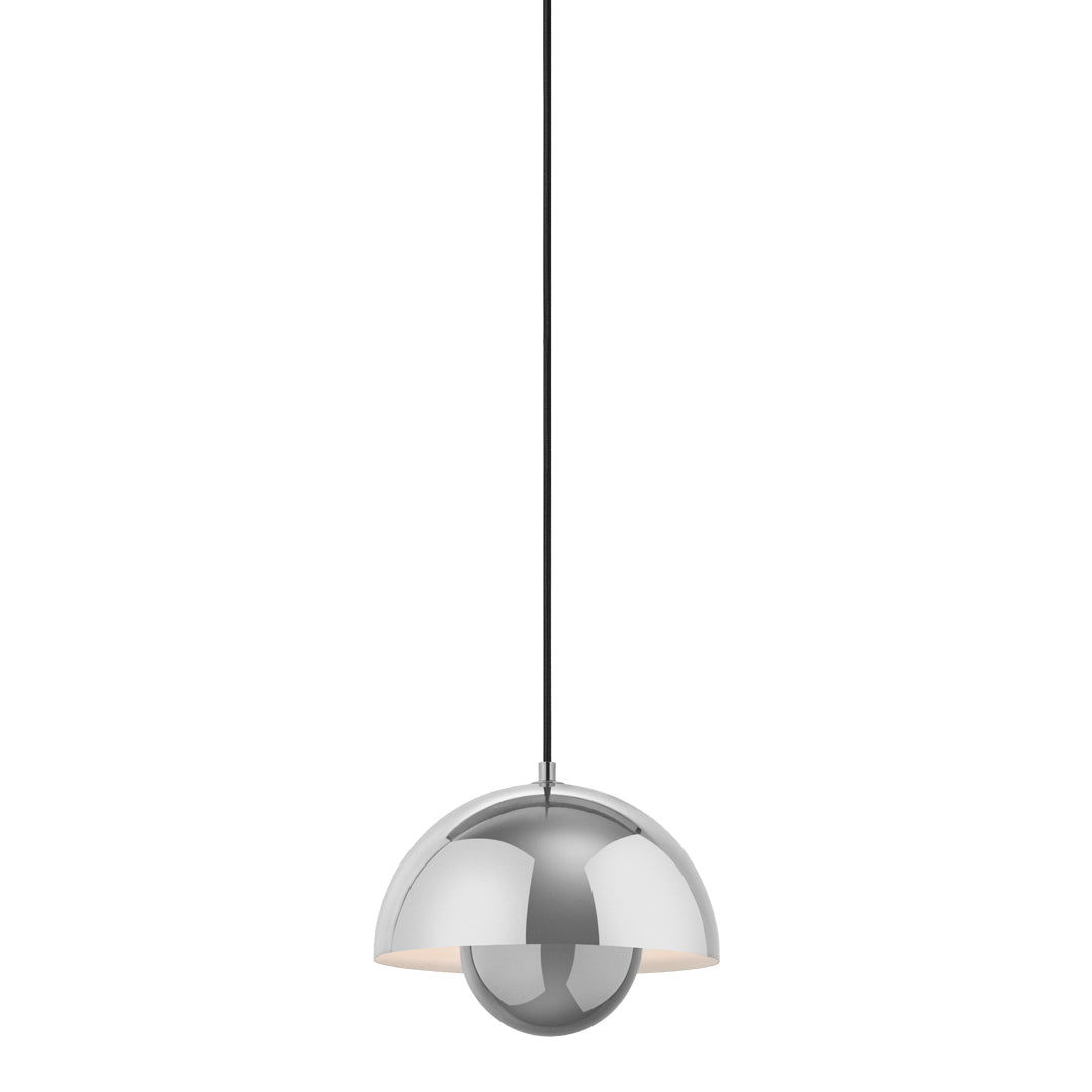 Modern chrome pendant lamp with a sleek, smooth finish and circular design, suspended from a black cord.
