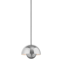 Modern chrome pendant lamp with a sleek, smooth finish and circular design, suspended from a black cord.