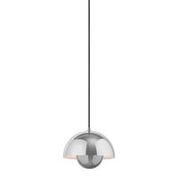 Sleek metallic silver pendant light with a glossy dome shape, hanging from a minimal black cord.
