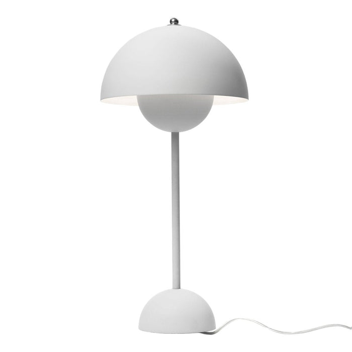 White modern table lamp with a spherical design and smooth, minimalist lines. Elegant and bright, ideal for any decor.