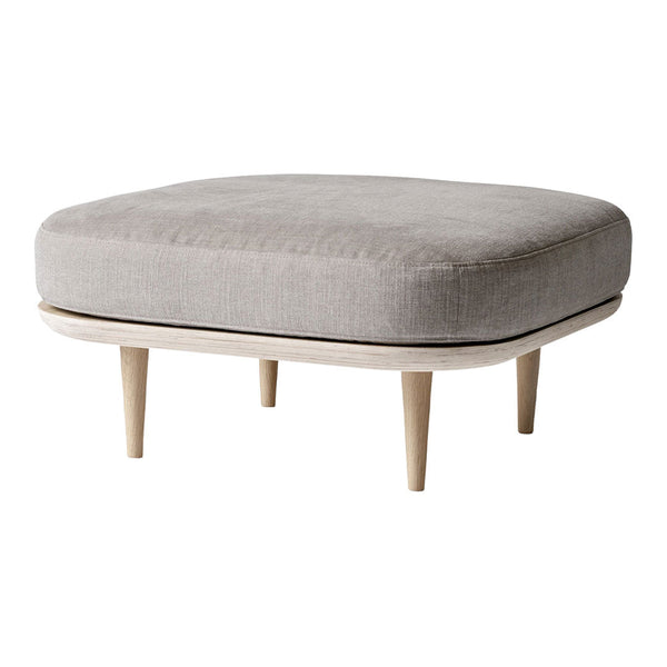 Gray square ottoman with a subtle fabric texture and natural wood legs, adding a modern touch to any space.