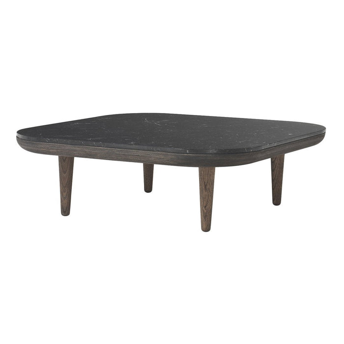 Square black tabletop with subtle gray veining, supported by dark wooden legs. Ideal for modern interiors.
