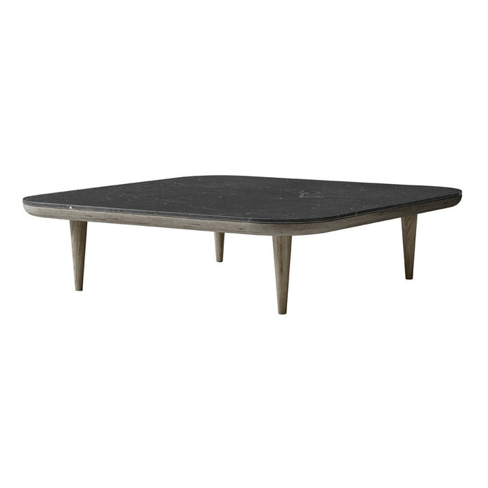 Square coffee table with a smooth dark gray top and light wood legs, featuring minimalist design and modern aesthetic.