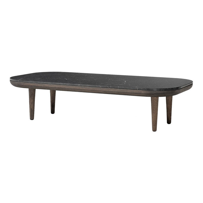 Black rectangular coffee table with a smooth surface and natural wood legs, featuring a minimalist design.