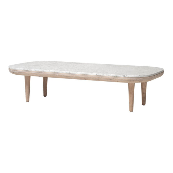 Light wood coffee table with a smooth, white patterned tabletop, featuring a sleek, modern design.