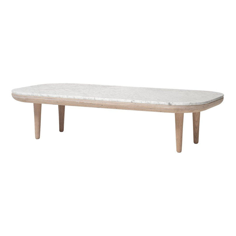 Light wood coffee table with a smooth, white patterned tabletop, featuring a sleek, modern design.
