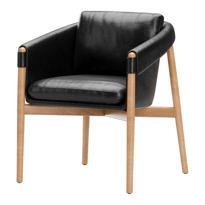 Black faux leather chair with light wooden legs and armrests, featuring a sleek, modern design.