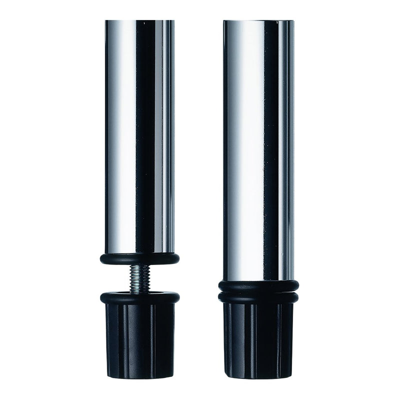 Chrome cylindrical tubes with black rubber bases, showcasing a sleek and modern design. Perfect for a contemporary look.