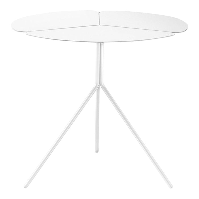 White three-legged table with a minimalist design and smooth, circular tabletop. Ideal for modern décor.