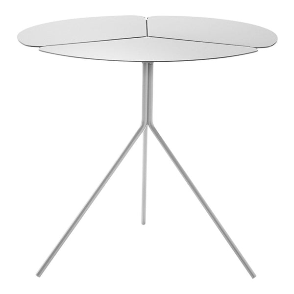 Modern white round tabletop with a minimalist design, featuring a sleek silver tripod base. Perfect for contemporary decor.
