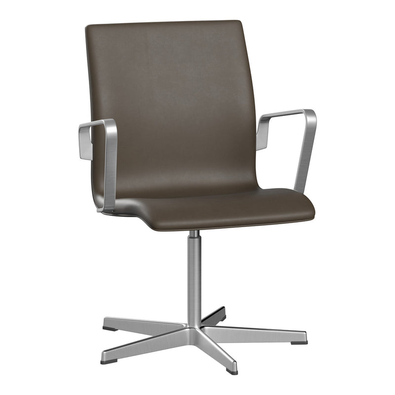 Brown faux leather chair with sleek silver metal arms and base, featuring a smooth, modern design.